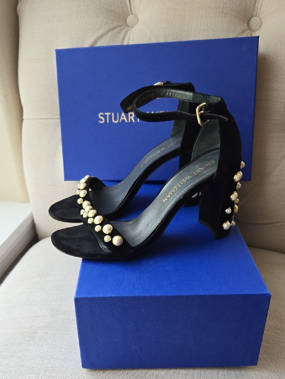 Stuart Weitzman Morepearls Black Suede Block Heel Sandals